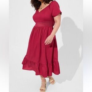 Torrid - Red Midi Poplin Sheer Waist - “Cherry Jubilee” Dress - Size 1  (14/16)